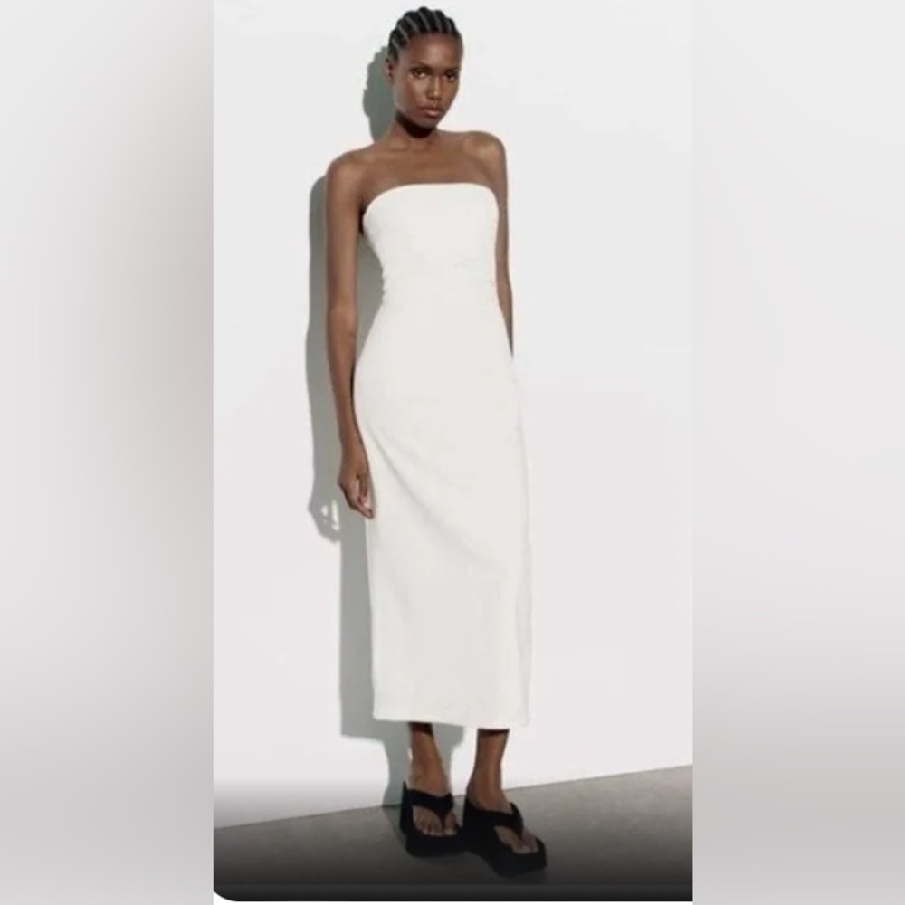 ZARA White Strapless Midi Dress